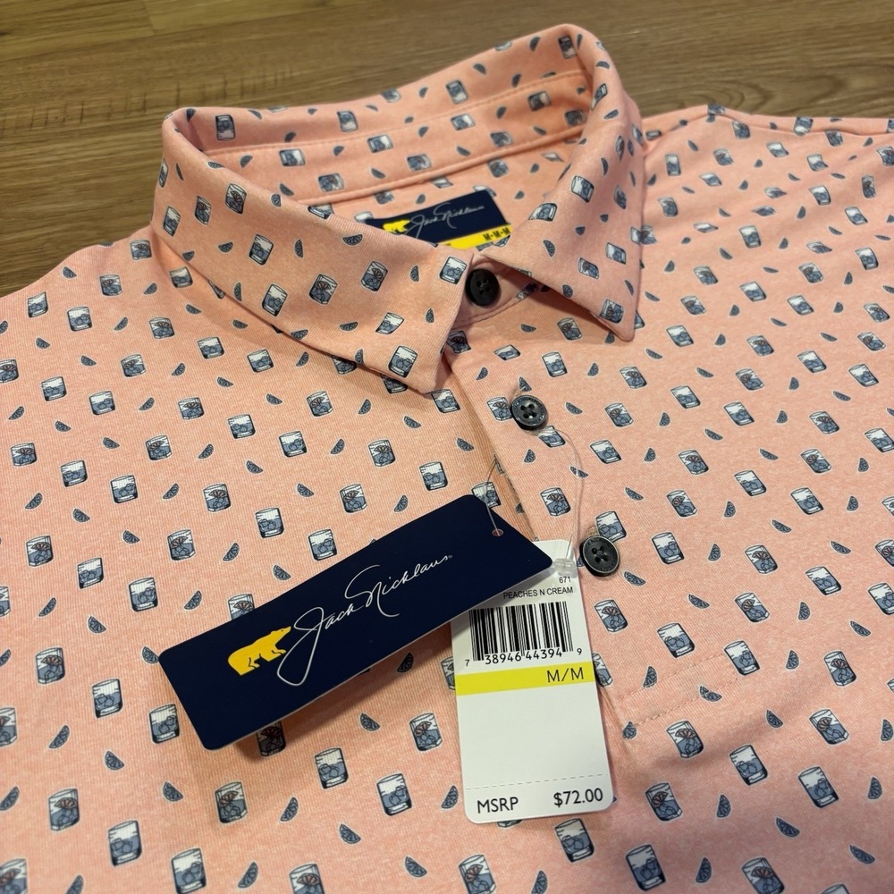 NWT Jack Nicklaus Performance Golf Polo Men's Medium Peach Cocktail Glass AOP‎